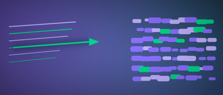 Abstract graphic contrasting a fast motion streak with a dense cluster of small data blocks, representing page speed versus page weight