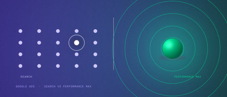 Split composition contrasting a precise Search targeting grid against the broad radiating reach of Performance Max