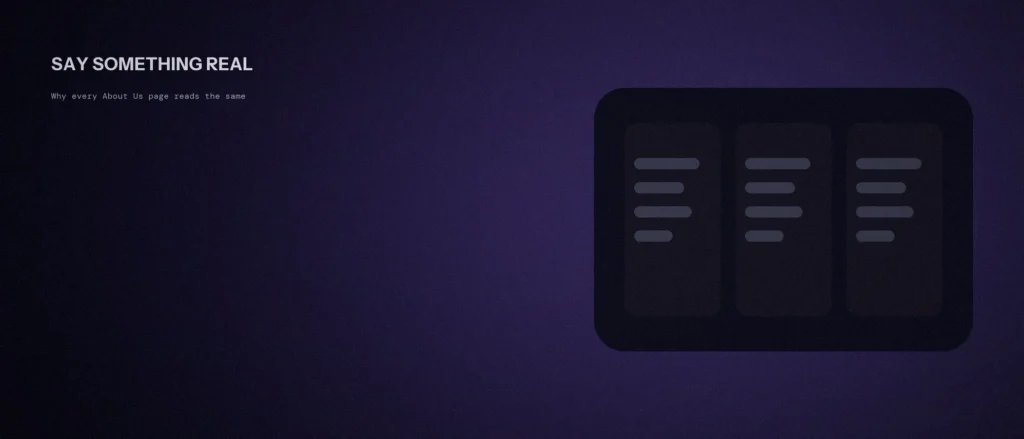 Three identical generic content cards side by side, representing how About Us pages all read the same