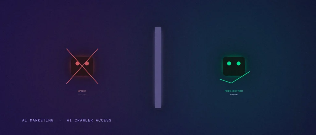 A barrier wall with a blocked GPTBot icon on one side and an allowed PerplexityBot icon on the other