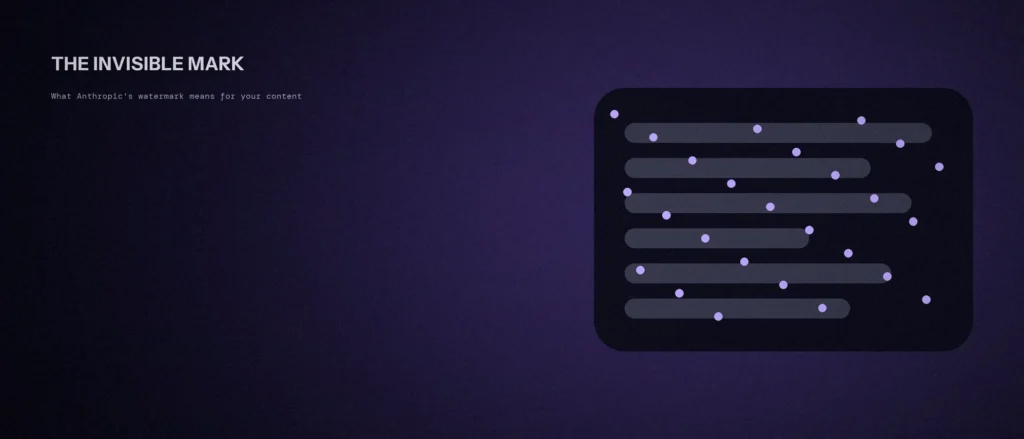 Lines of text with faint violet dots woven through them, representing an invisible watermark hidden inside AI-generated text