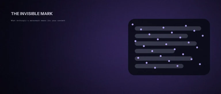 Lines of text with faint violet dots woven through them, representing an invisible watermark hidden inside AI-generated text