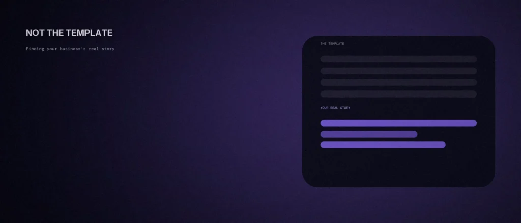 Four identical grey template lines above three distinctive highlighted lines representing a business's real story