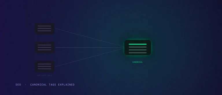 Three dimmed duplicate page icons converging into one glowing canonical page