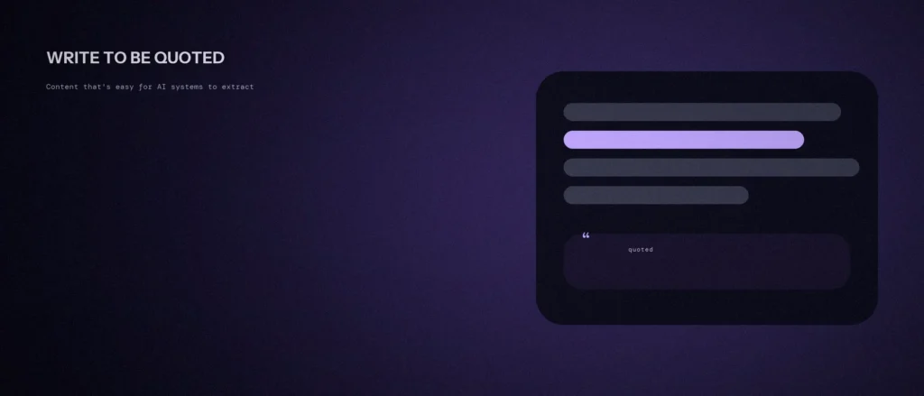 Paragraph lines with one sentence highlighted violet, lifted out into a quoted callout card, representing content built to be extracted and cited