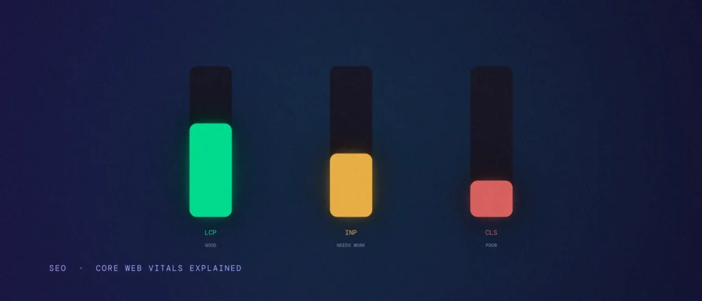 Three vertical gauge bars labeled LCP good in green, INP needs work in amber, and CLS poor in red