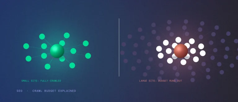 A small site's node map fully covered versus a large site's map where crawl budget runs out before every node is reached