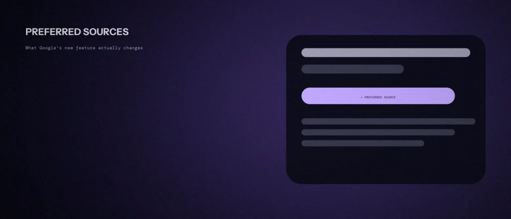 Browser mockup with a highlighted violet Preferred Source button below a page title, illustrating Google's new Preferred Sources feature