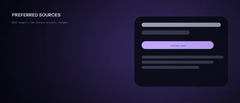 Browser mockup with a highlighted violet Preferred Source button below a page title, illustrating Google's new Preferred Sources feature