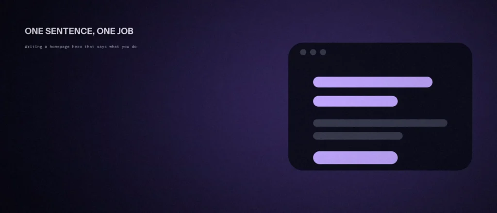 Mock browser window showing a homepage hero with a bold headline, subline and a single call-to-action button