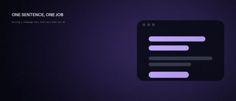 Mock browser window showing a homepage hero with a bold headline, subline and a single call-to-action button