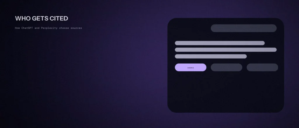 Chat interface mockup with one highlighted violet source citation chip among two dimmer ones, illustrating how AI answer engines select sources