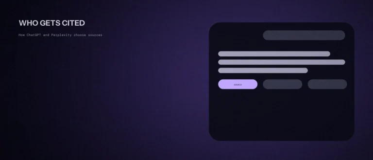 Chat interface mockup with one highlighted violet source citation chip among two dimmer ones, illustrating how AI answer engines select sources