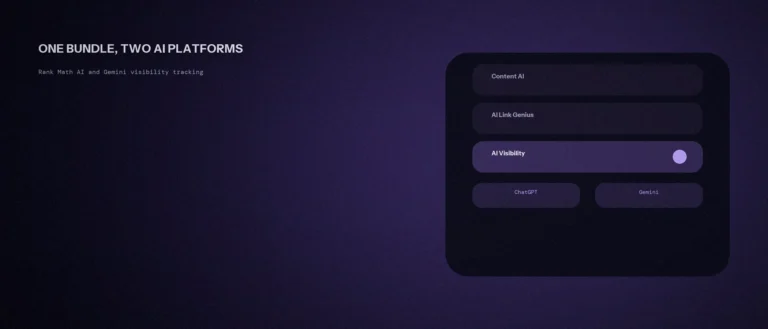 Three Rank Math AI tools, Content AI, AI Link Genius and AI Visibility, with AI Visibility highlighted above ChatGPT and Gemini tracking chips