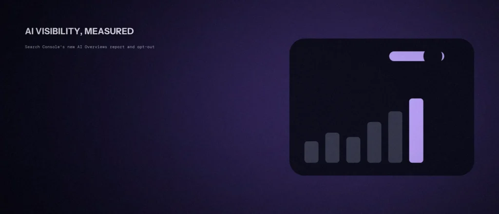 Dashboard panel showing a rising bar chart of AI Overviews impressions next to an opt-out toggle switch