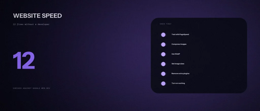 Website speed optimization: 12 fixes you can make without a developer, checked against Google web.dev